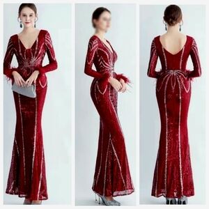 Red Sequin Backless Long Sleeve Gown